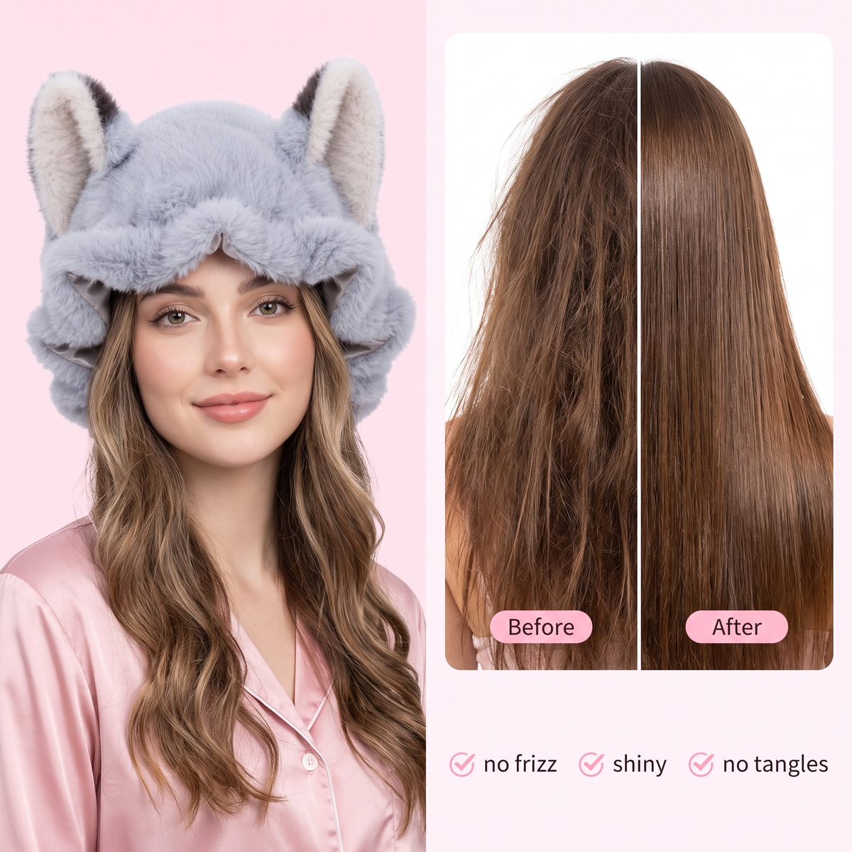 Foxy bonnet - before and after: no frizz, shiny, no tangles