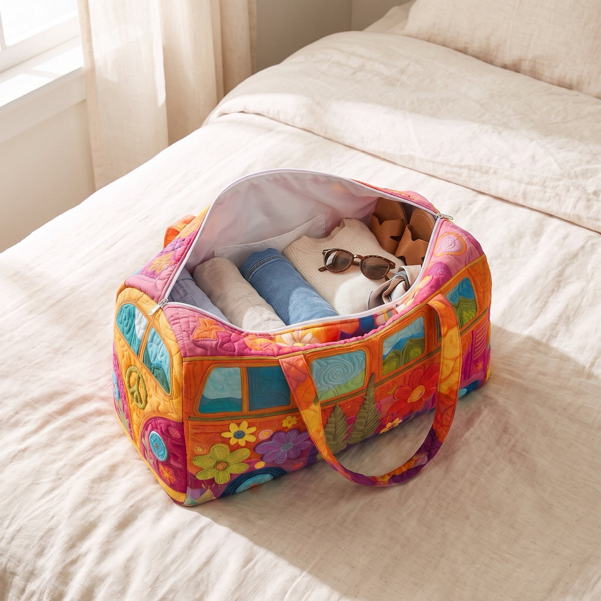 Wander weekender open on a bed, real size, plain white lining