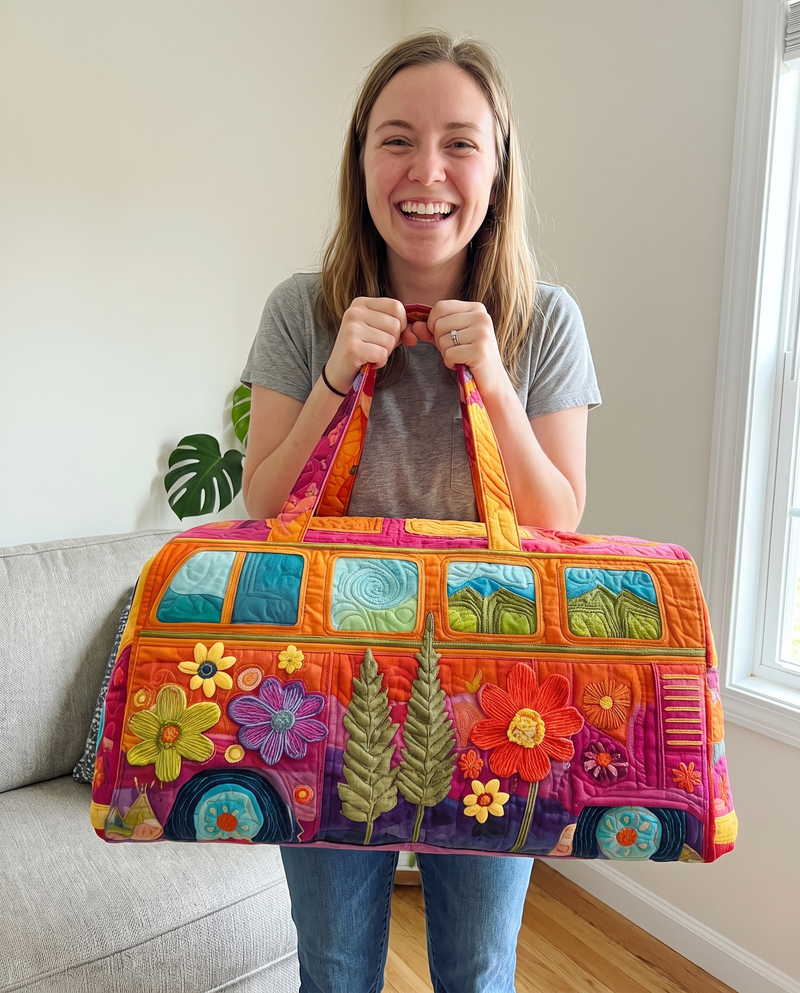 Happy customer showing her Wander boho quilted weekender bag
